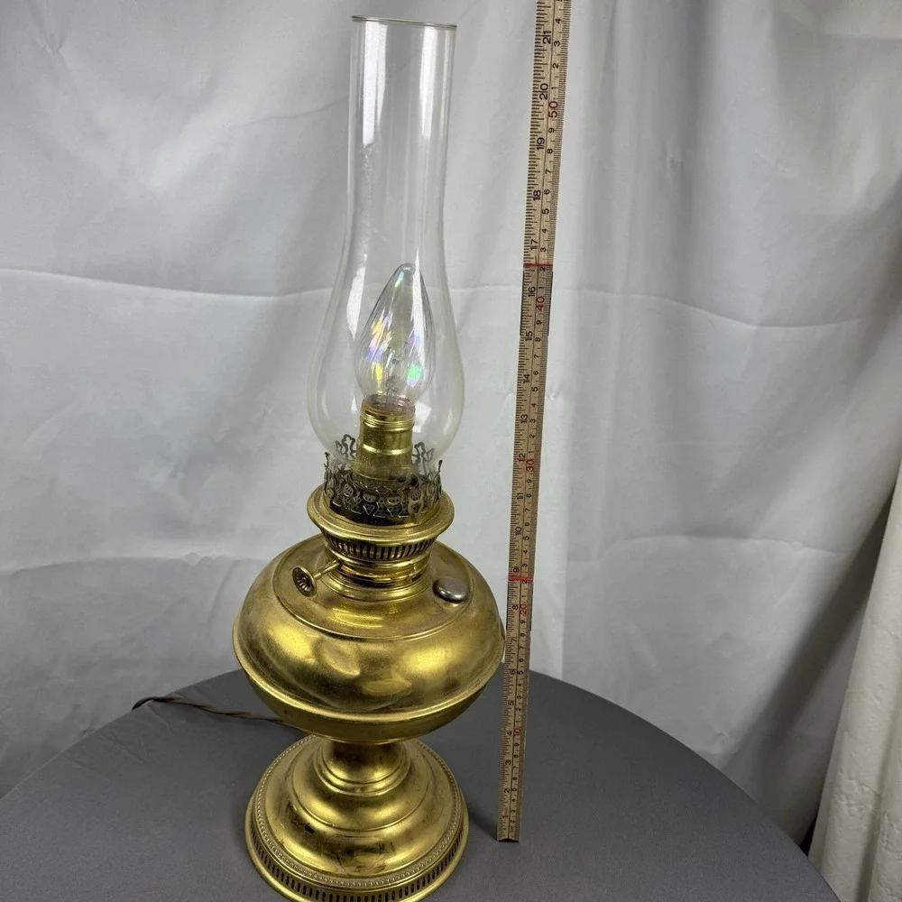 Vintage Gold Tone Kerosene Hurricane Lamp Converted To Electric